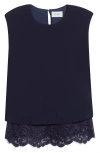 St John St. John Collection Lace Trim Satin Back Crepe Top In Blue