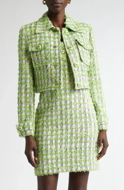 St John Eyelash Plaid Tweed Knit Dress In Cactus/ivory Multi