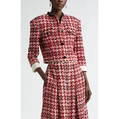 St John St. John Collection Plaid Eyelash Tweed Crop Jacket In Haute Red/black/pearl Multi