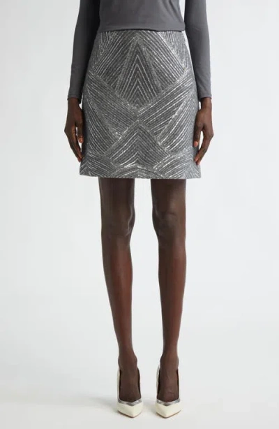 St John St. John Collection Sequin Chevron Embellished A-line Skirt In Grey Melange/silver