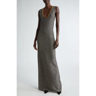 St John St. John Collection Sequin Embellished Shimmer Tweed Column Gown In Carbon/gold Multi