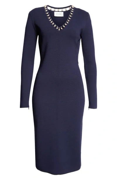 St John St. John Collection Suspended Pavé Long Sleeve Milano Knit Dress In Navy