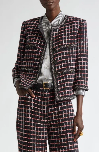 St John St. John Collection Windowpane Check Mixed Media Crop Jacket In Black/haute Red/pearl Multi