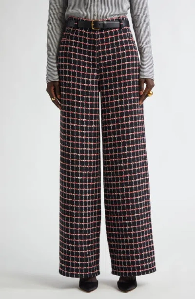 St John St. John Collection Windowpane Check Tweed Wide Leg Pants In Black/haute Red/pearl Multi