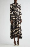 St John St. John Collection Zebra Print Long Sleeve Pussy Bow Maxi Dress In Black