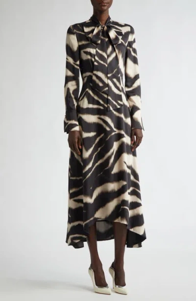 St John St. John Collection Zebra Print Long Sleeve Pussy Bow Maxi Dress