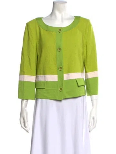 Pre-owned St John Colorblock Pattern Crew Neck Blouse In Green