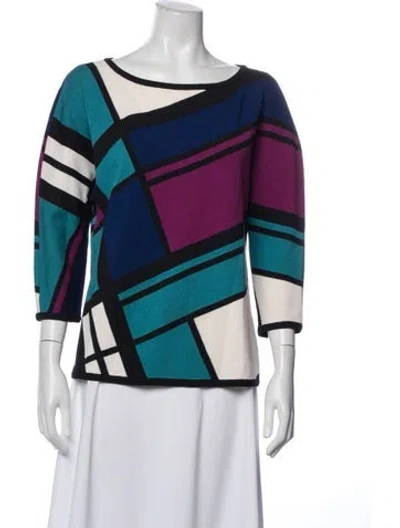 Pre-owned St John Colorblock Pattern Crew Neck Top In Blue