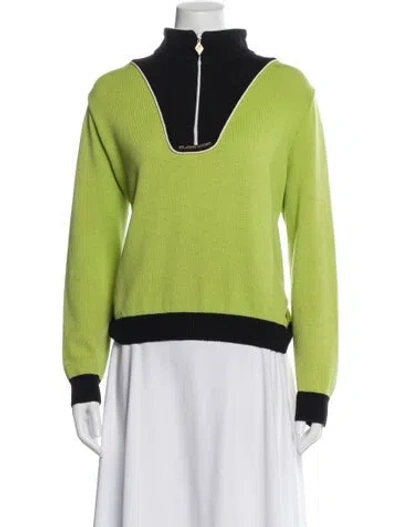 Pre-owned St John Colorblock Pattern Mock Neck Sweater In Green
