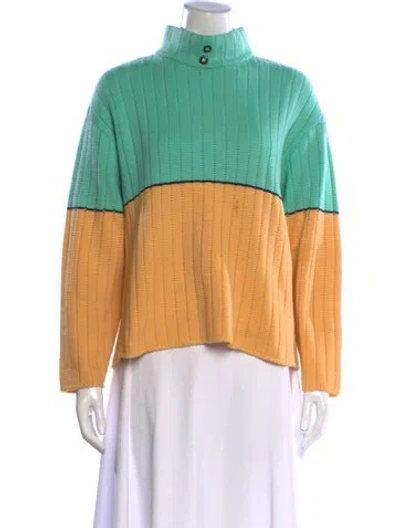 Pre-owned St John Colorblock Pattern Mock Neck Sweater In Green