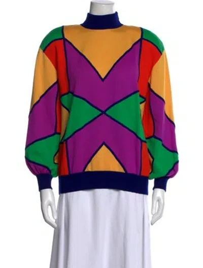 Pre-owned St John Colorblock Pattern Mock Neck Sweater In Yellow