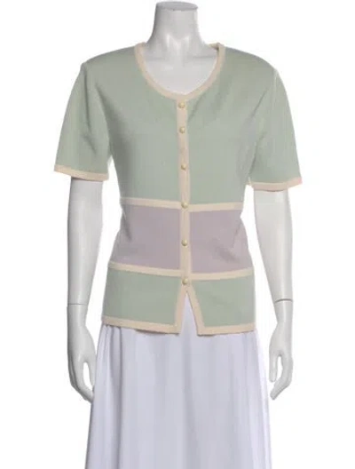 Pre-owned St John Colorblock Pattern Open Front Sweater In Green