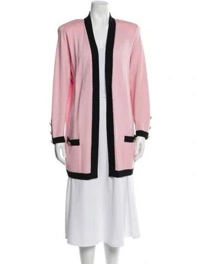 Pre-owned St John Colorblock Pattern Open Front Sweater In Pink