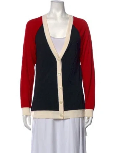 Pre-owned St John Colorblock Pattern Open Front Sweater In Red