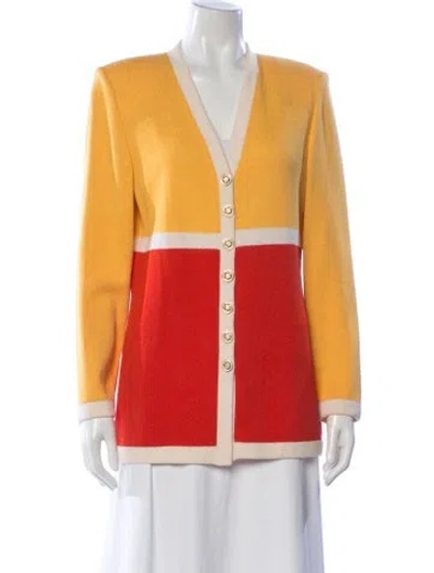 Pre-owned St John Colorblock Pattern Open Front Sweater In Yellow