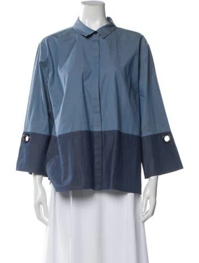 Pre-owned St John Colorblock Pattern Three-quarter Sleeve Blouse In Blue