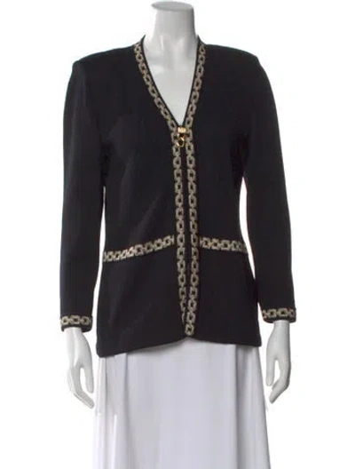 Pre-owned St John Colorblock Pattern V-neck Sweater In Black