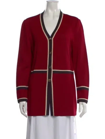 Pre-owned St John Colorblock Pattern V-neck Sweater In Red