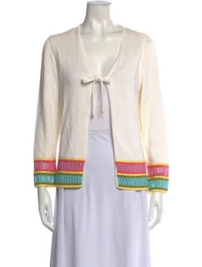 Pre-owned St John Colorblock Pattern V-neck Sweater In White