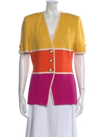 Pre-owned St John Colorblock Pattern V-neck Sweater In Yellow