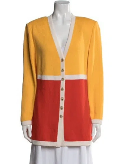 Pre-owned St John Colorblock Pattern V-neck Sweater In Yellow