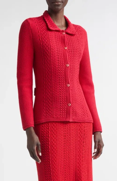 St John St. John Cotton Blend Mixed Stitch Sweater Jacket In Red
