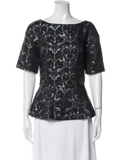 Pre-owned St. John Couture Floral Print Bateau Neckline Blouse In Gray