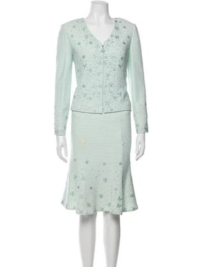 Pre-owned St. John Couture Floral Print Crystal Embellishments Skirt Suit In Green