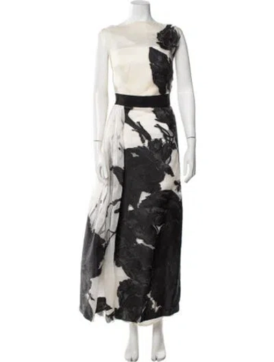 Pre-owned St. John Couture Floral Print Long Dress In Black