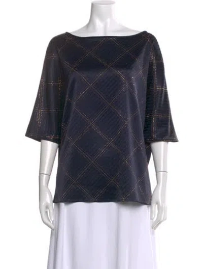 Pre-owned St. John Couture Plaid Print Bateau Neckline Top In Blue