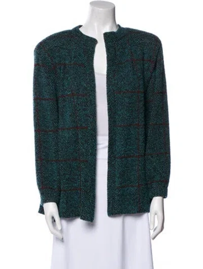 Pre-owned St. John Couture Plaid Print Blazer In Green
