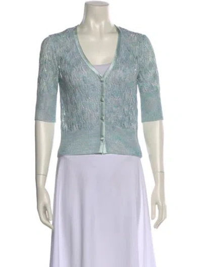 Pre-owned St. John Couture Printed V-neck Crop Top In Blue