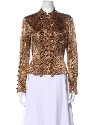 Pre-owned St. John Couture Silk Animal Print Blouse In Brown