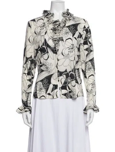 Pre-owned St. John Couture Silk Floral Print Blouse In Blue