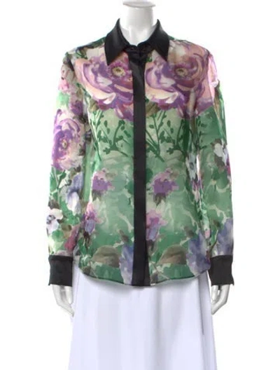 Pre-owned St. John Couture Silk Floral Print Blouse In Green