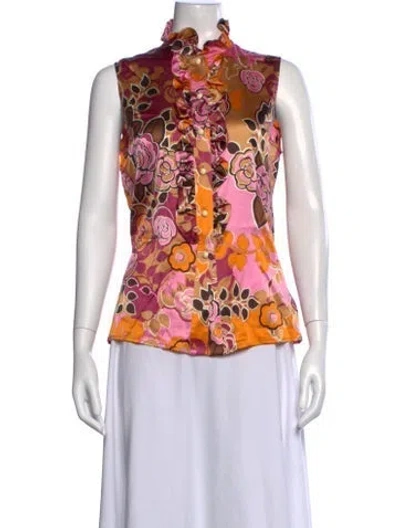 Pre-owned St. John Couture Silk Floral Print Blouse In Neutrals