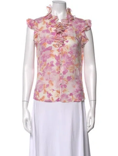 Pre-owned St. John Couture Silk Floral Print Blouse In Pink