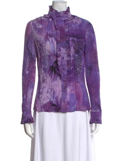 Pre-owned St. John Couture Silk Floral Print Blouse In Purple
