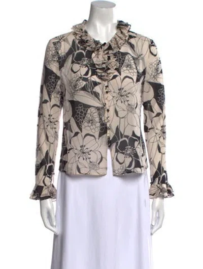 Pre-owned St. John Couture Silk Floral Print Button-up Top In Neutral