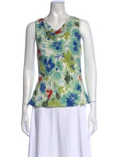 Pre-owned St. John Couture Silk Floral Print Top In Green