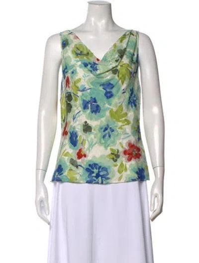 Pre-owned St. John Couture Silk Floral Print Top In Green