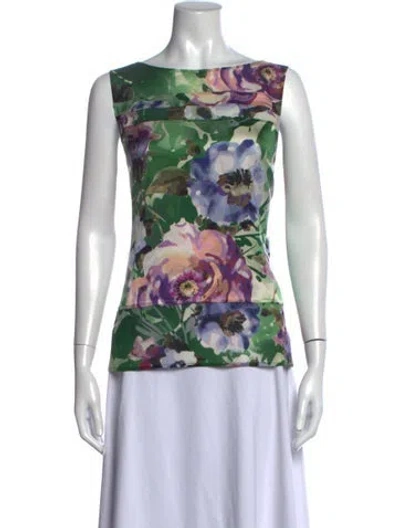 Pre-owned St. John Couture Silk Floral Print Top In Green