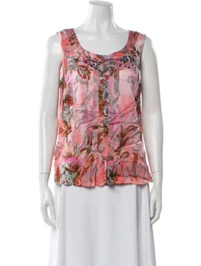 Pre-owned St. John Couture Silk Floral Print Top In White