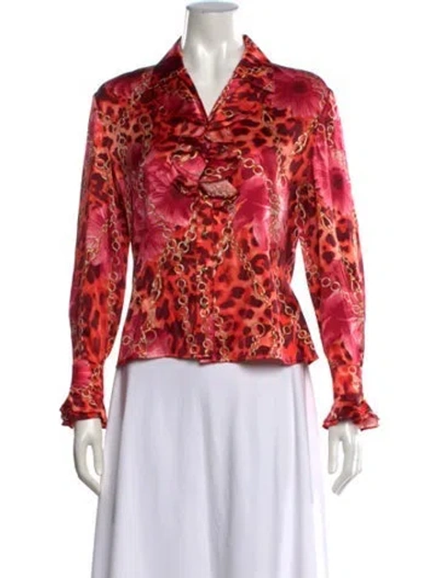 Pre-owned St. John Couture Silk Patterned Blouse In Orange/pink