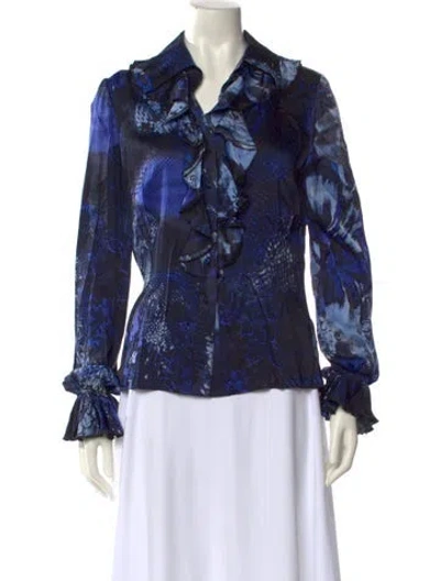 Pre-owned St. John Couture Silk Printed Blouse In Blue