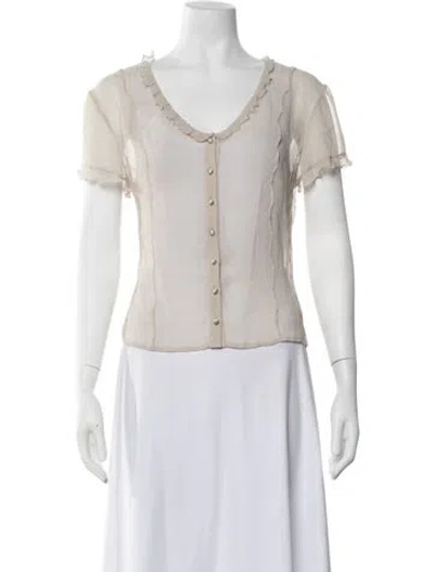 Pre-owned St. John Couture Silk V-neck Top In Neutrals