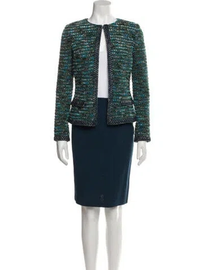 Pre-owned St. John Couture Tweed Pattern Embroidered Accent Pant Set In Blue