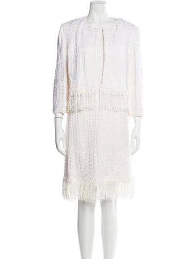Pre-owned St. John Couture Tweed Pattern Fringe Trim Accent Dress Set In Neutral
