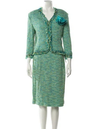 Pre-owned St. John Couture Tweed Pattern Fringe Trim Accent Skirt Suit In Blue