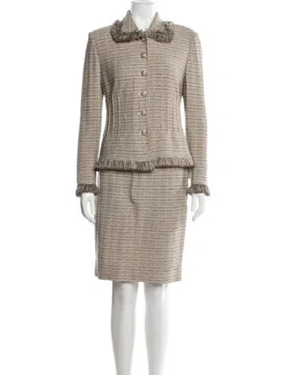 Pre-owned St. John Couture Tweed Pattern Fringe Trim Accent Skirt Suit In Neutrals